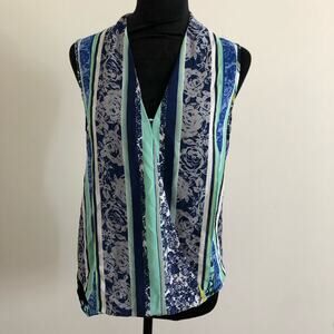 Three Eighty Two Women's Blue Striped Floral Print Sleeveless Blouse, Size Small